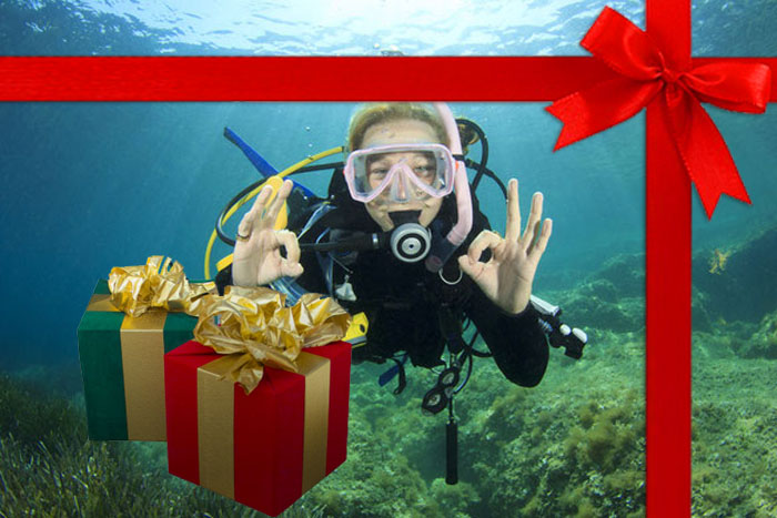 Happy scubadiving girl withgifts